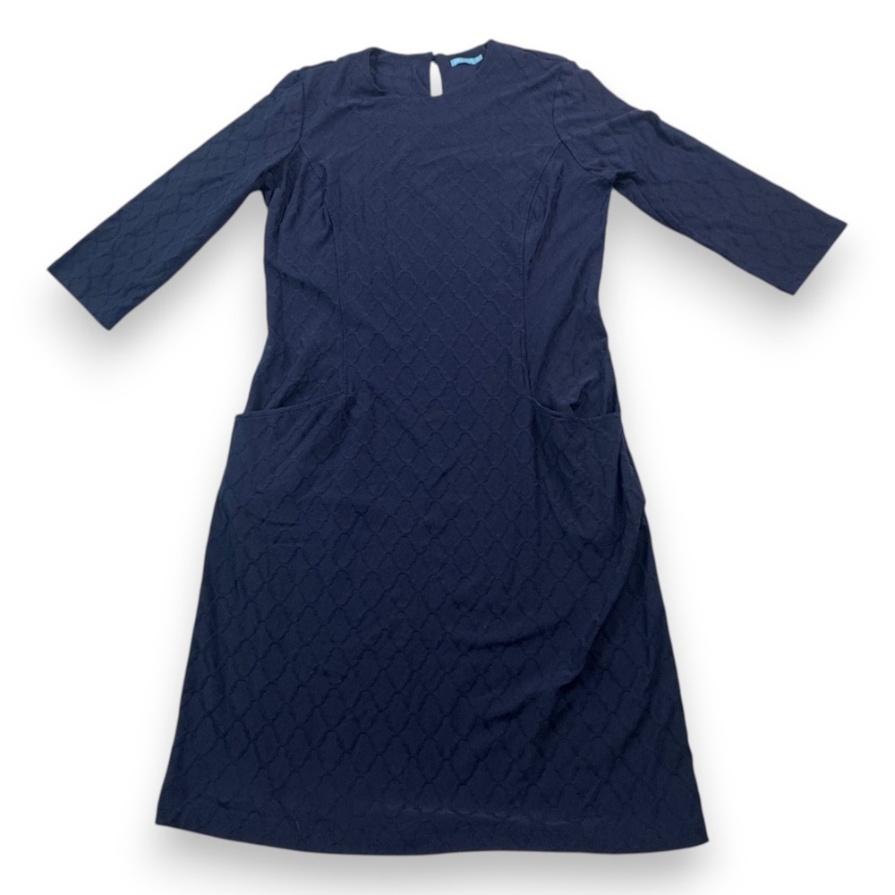 J.McLaughlin Navy Blue Textured Quatrefoil Lattice Shift Dress 3/4 Sleeve M